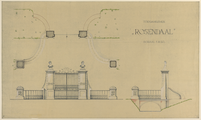 217539 Plattegrond en aanzichten van het toegangshek tot de voormalige buitenplaats Roosendaal (Vechtdijk 151) aan de ...